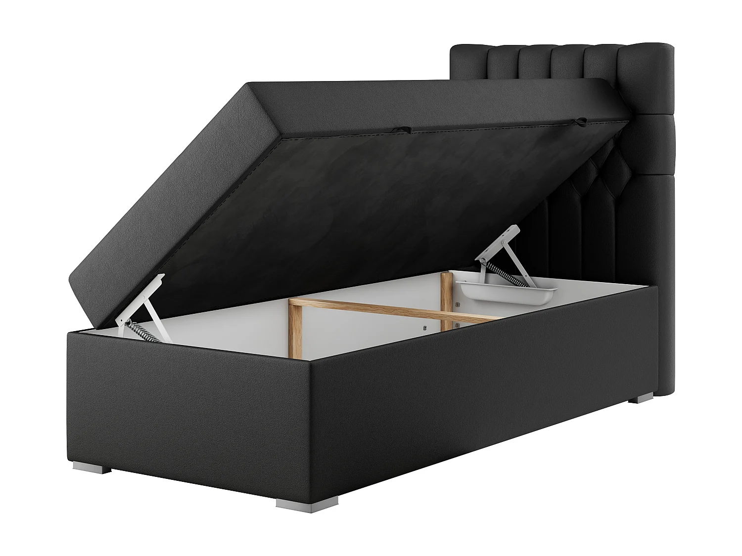 Boxspringbett PERA - Einzelbett mit Kopfstütze, Polsterbett, Multipocket-Matratze, genähtes Kopfteil - 90x200 cm - H4 - Schwarz Kunstleder - Rechts Seite