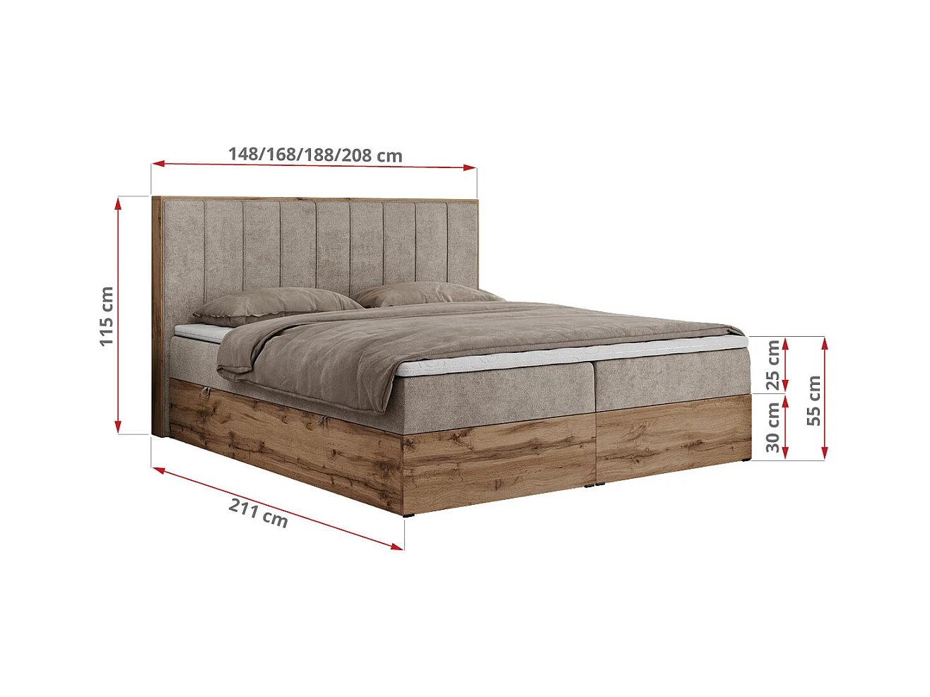 Boxspringbett BELLISSIMO - mit gestepptem Kopfteil, Polsterbett mit zwei Bettkästen, Multipocket-Matratze - 160x200 cm - H3 - Beige Strukture