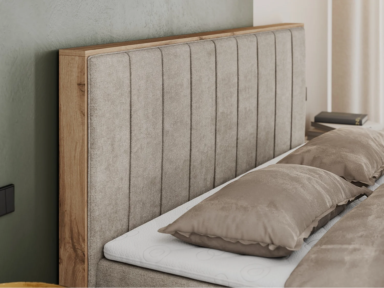 Boxspringbett BELLISSIMO - mit gestepptem Kopfteil, Polsterbett mit zwei Bettkästen, Multipocket-Matratze - 160x200 cm - H3 - Beige Strukture