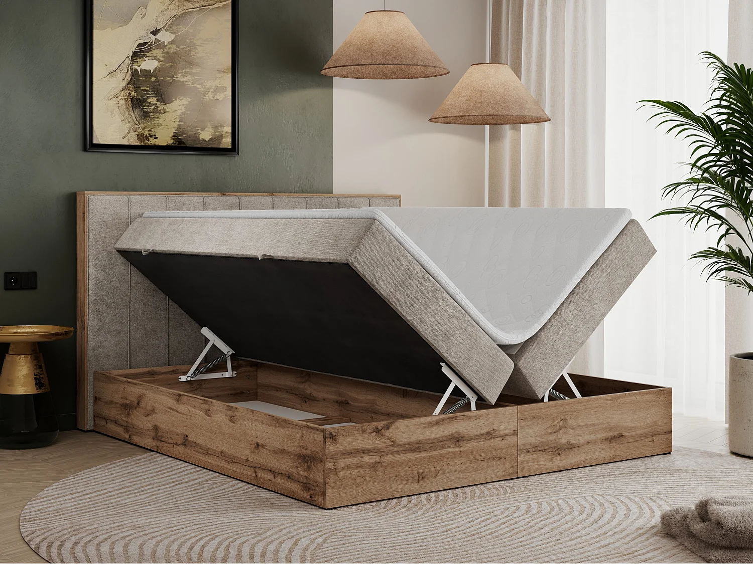 Boxspringbett BELLISSIMO - mit gestepptem Kopfteil, Polsterbett mit zwei Bettkästen, Multipocket-Matratze - 160x200 cm - H3 - Beige Strukture