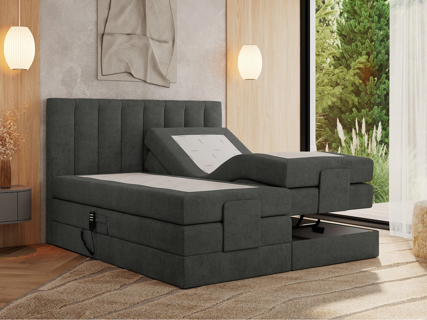 Boxspringbett COMFORTO - Doppelbett, Elektrisch verstellbare, Multipocket-Matratzen und Topper, genähtes Kopfteil - 200x200 cm - H4 - Dunkelgrau Strukture