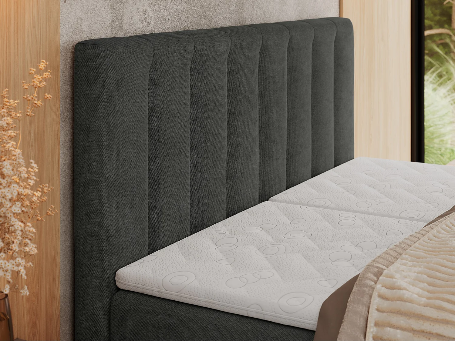 Boxspringbett COMFORTO - Doppelbett, Elektrisch verstellbare, Multipocket-Matratzen und Topper, genähtes Kopfteil - 200x200 cm - H4 - Dunkelgrau Strukture