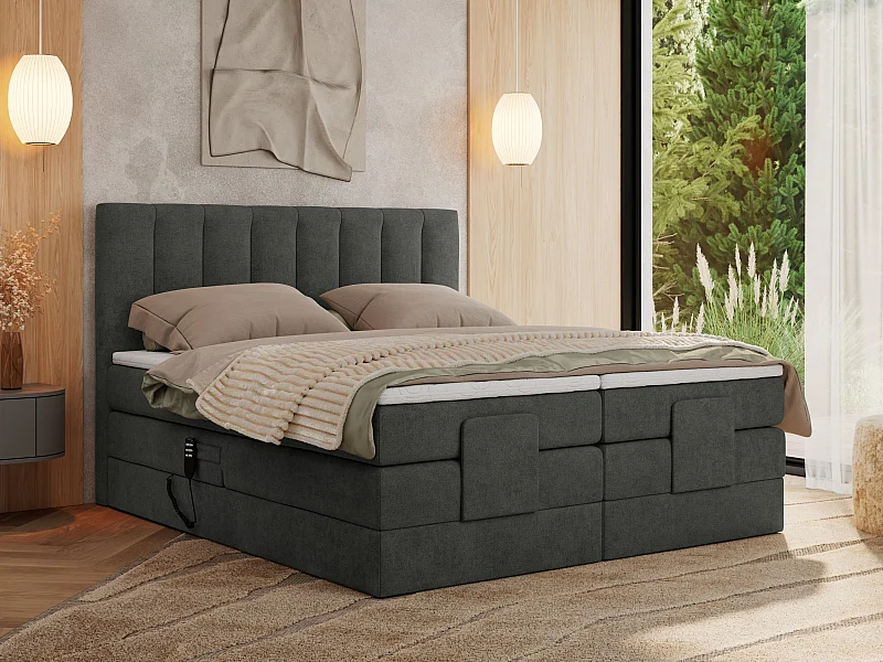 Boxspringbett COMFORTO - Doppelbett, Elektrisch verstellbare, Multipocket-Matratzen und Topper, genähtes Kopfteil - 200x200 cm - H4 - Dunkelgrau Strukture
