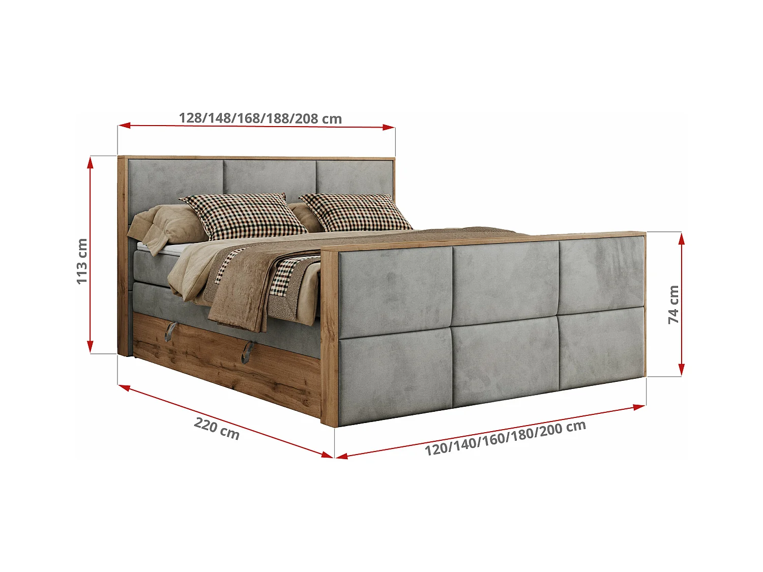 Boxspringbett ALBERO 2 KING DUO - Eiche Wotan Holzrahmen, zwei Multipocket-Matratzen, Bettkästen - 180x200 cm - H3 - Hellgrau Velvet