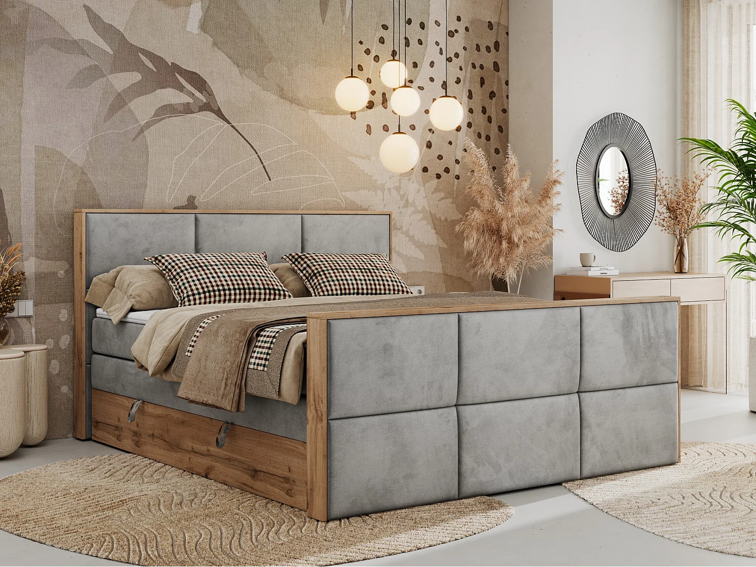 Boxspringbett ALBERO 2 KING DUO - Eiche Wotan Holzrahmen, zwei Multipocket-Matratzen, Bettkästen - 180x200 cm - H3 - Hellgrau Velvet