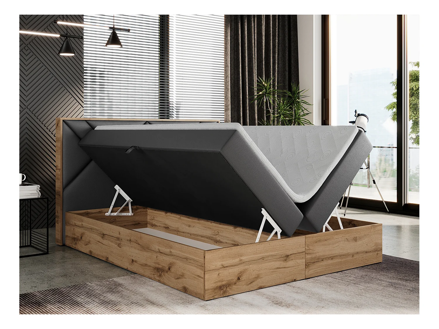Boxspringbett GUNAR - gepolster kopfteil, Doppelbett mit Multipocket-Matratze, zwei Bettkästen - 160x200 cm - H3 - Dunkelgrau Kunstleder