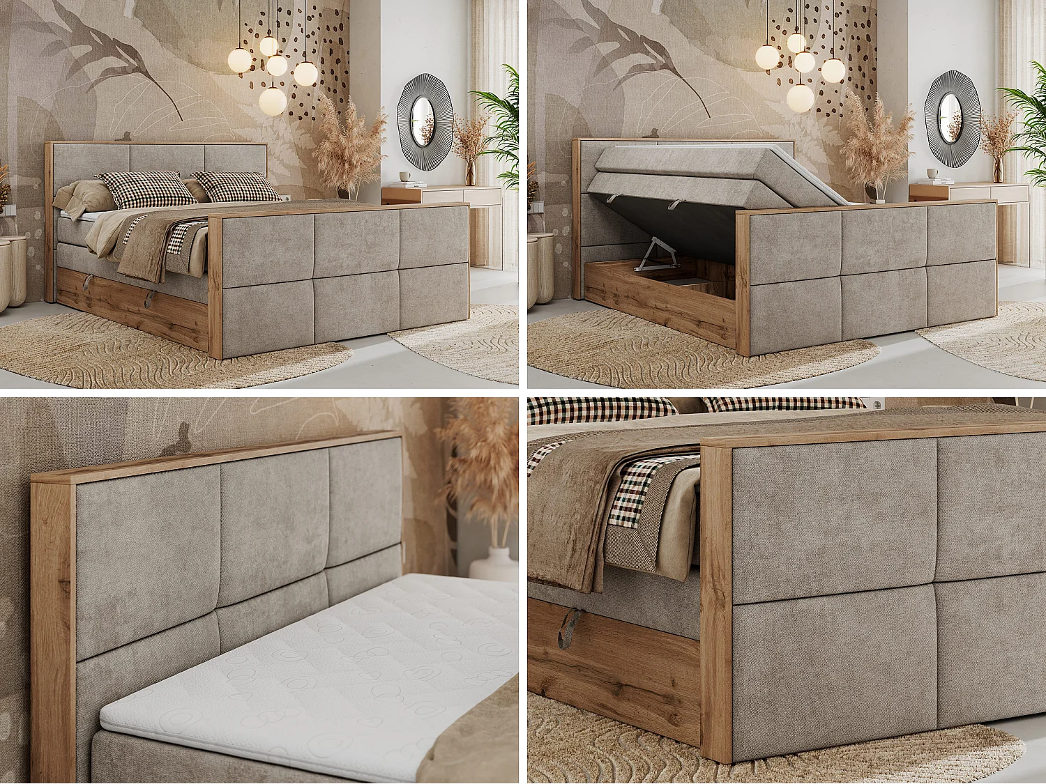 Boxspringbett ALBERO 2 KING DUO - Eiche Wotan Holzrahmen, zwei Multipocket-Matratzen, Bettkästen - 160x200 cm - H4 - Beige Strukture