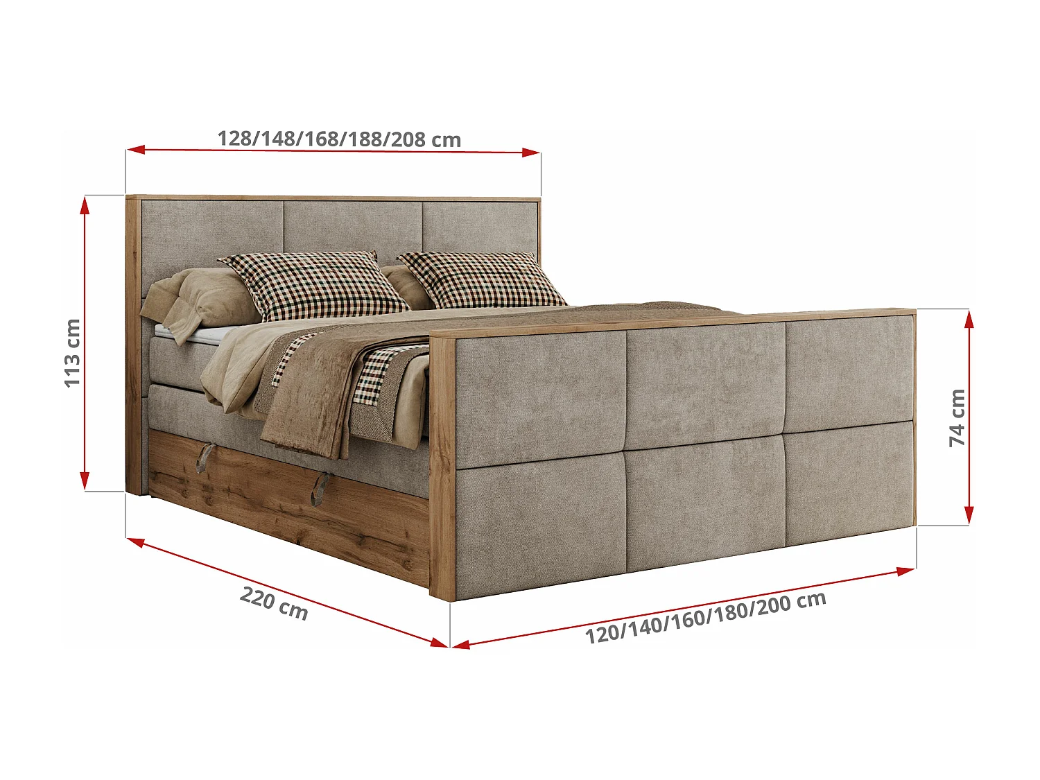 Boxspringbett ALBERO 2 KING DUO - Eiche Wotan Holzrahmen, zwei Multipocket-Matratzen, Bettkästen - 160x200 cm - H4 - Beige Strukture