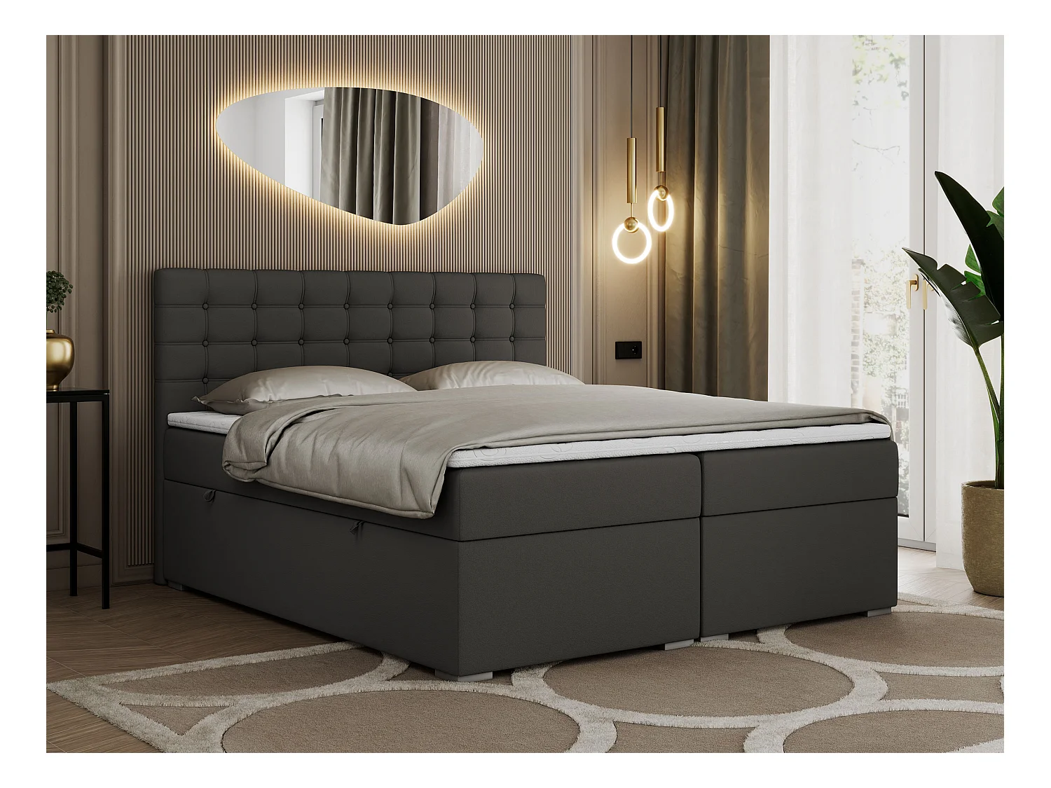 Boxspringbett SUSAN - mit gestepptem Kopfteil, zwei Bettkästen und Topper, gepolstertes Schlafzimmerbett - 160x200 cm - H3 - Dunkelgrau Kunstleder