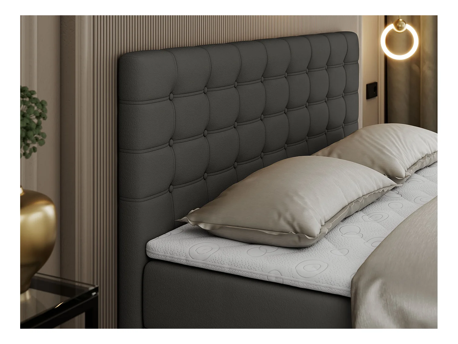 Boxspringbett SUSAN - mit gestepptem Kopfteil, zwei Bettkästen und Topper, gepolstertes Schlafzimmerbett - 160x200 cm - H3 - Dunkelgrau Kunstleder