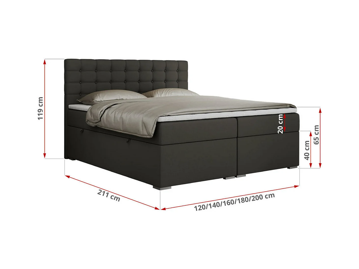 Boxspringbett SUSAN - mit gestepptem Kopfteil, zwei Bettkästen und Topper, gepolstertes Schlafzimmerbett - 160x200 cm - H3 - Dunkelgrau Kunstleder