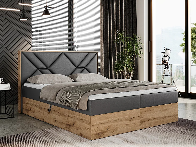 Boxspringbett GUNAR - gepolster kopfteil, Doppelbett mit Multipocket-Matratze, zwei Bettkästen - 120x200 cm - H3 - Dunkelgrau Kunstleder