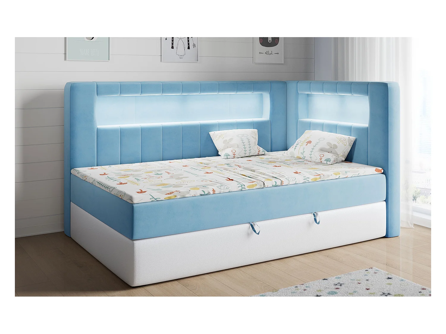 Kinderbett JUNIOR GOLD 3 - Einzelbett mit Matratze, LED-Beleuchtung, Bettkasten - 90x200 cm - Rechts Seite