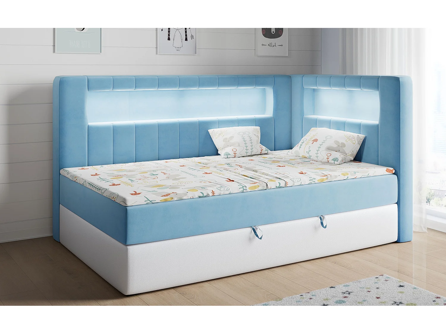 Kinderbett JUNIOR GOLD 3 - Einzelbett mit Matratze, LED-Beleuchtung, Bettkasten - 90x200 cm - Rechts Seite