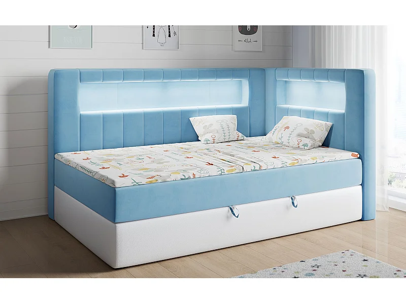 Kinderbett JUNIOR GOLD 3 - Einzelbett mit Matratze, LED-Beleuchtung, Bettkasten - 90x200 cm - Rechts Seite