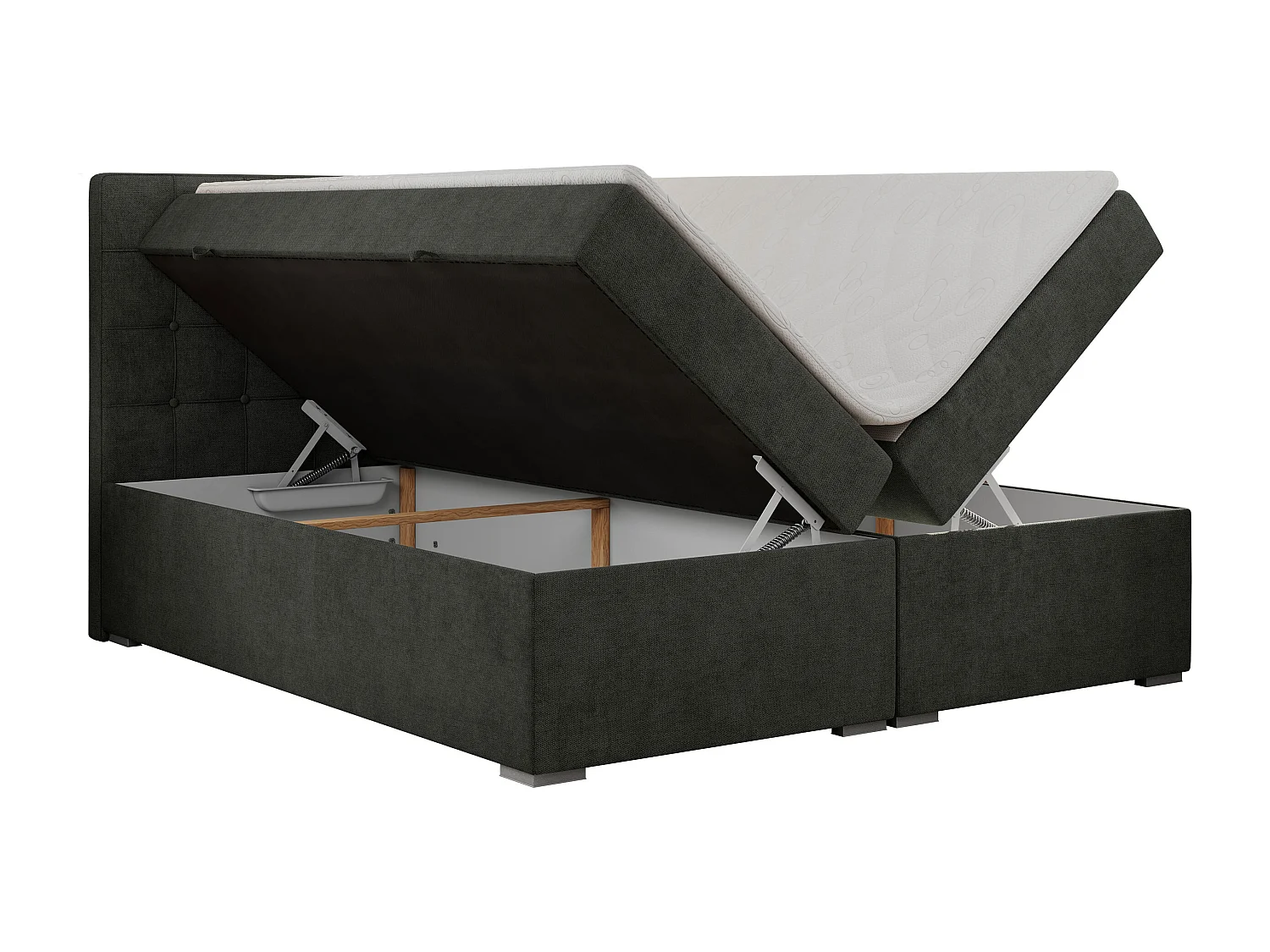 Boxspringbett CARMEN - Polsterbett mit zwei Bettkästen, gesteppte Kopfstütze, Multipocket-Matratze - 160x200 cm - H4 - Dunkelgrau Stukture