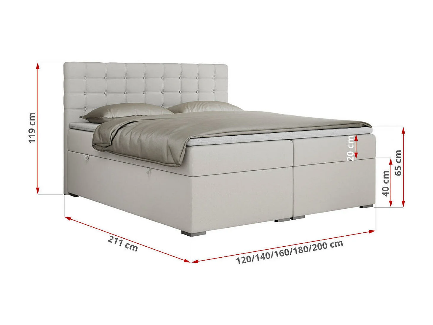 Boxspringbett SUSAN - mit gestepptem Kopfteil, zwei Bettkästen und Topper, gepolstertes Schlafzimmerbett - 120x200 cm - H3 - Weiß Kunstleder