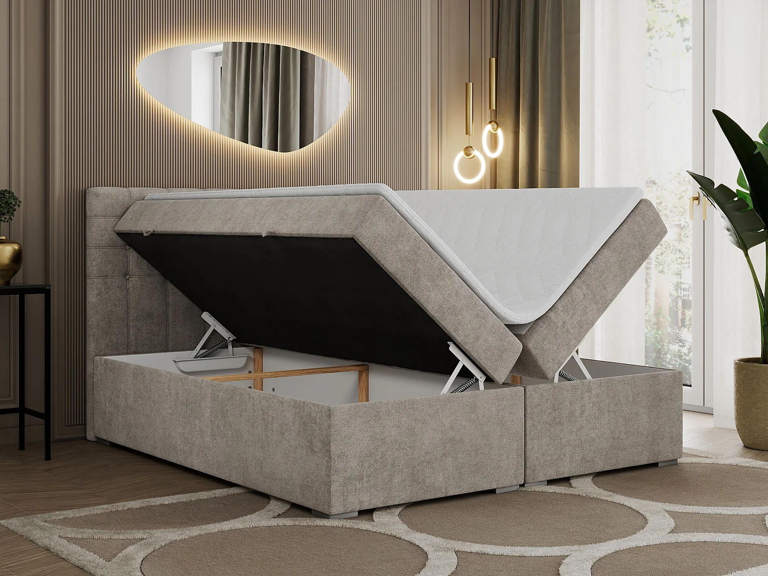 Boxspringbett SUSAN - mit gestepptem Kopfteil, zwei Bettkästen und Topper, gepolstertes Schlafzimmerbett - 120x200 cm - H3 - Beige Stukture