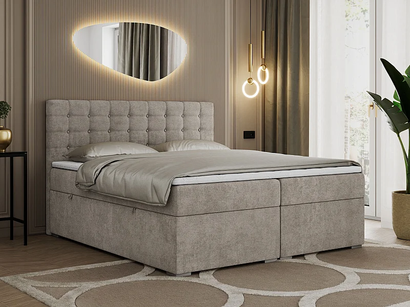 Boxspringbett SUSAN - mit gestepptem Kopfteil, zwei Bettkästen und Topper, gepolstertes Schlafzimmerbett - 120x200 cm - H3 - Beige Stukture