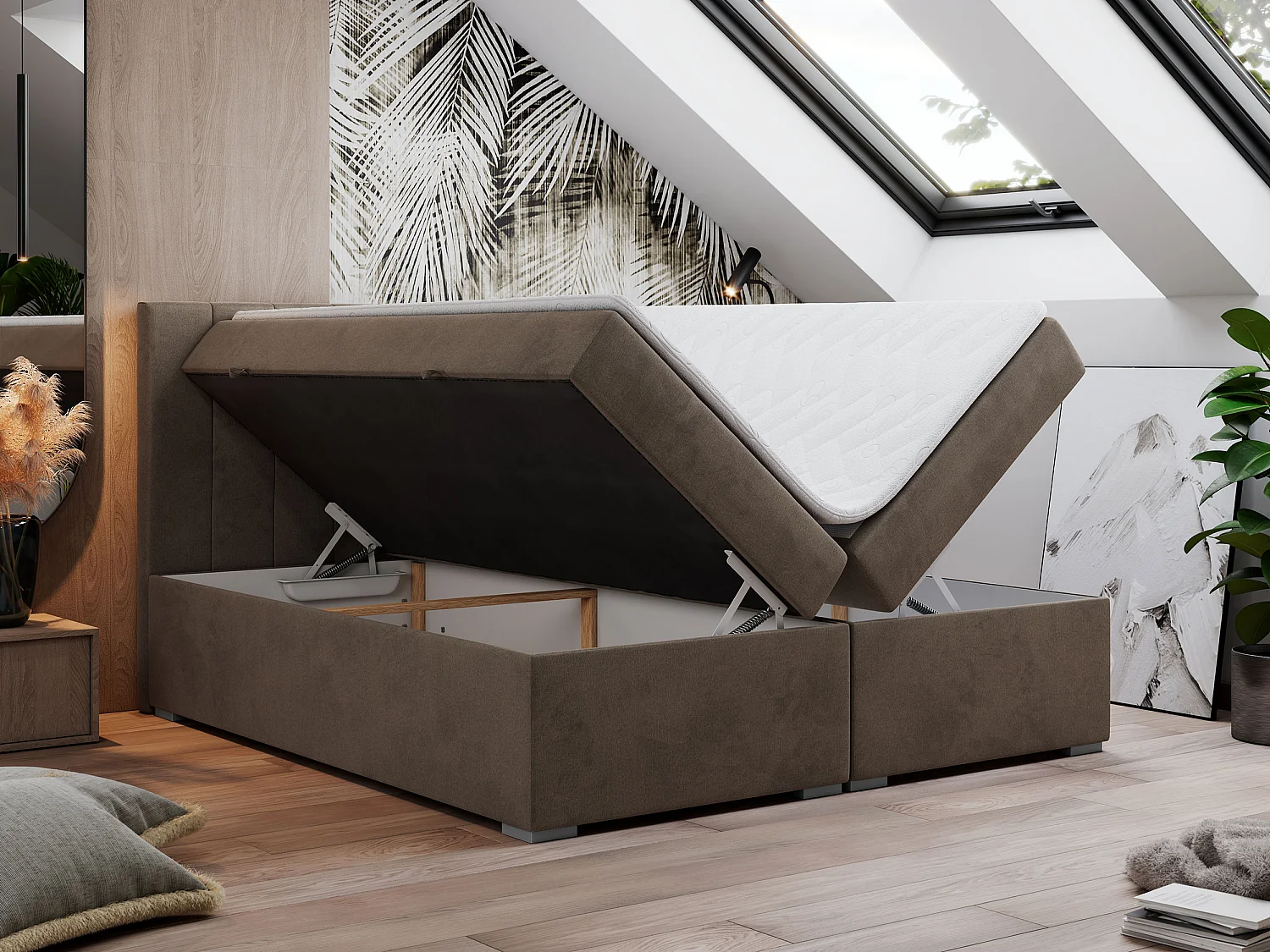 Boxspringbett LOPE - genähtes Kopfteil, Doppelbett mit Stauraum, Multipocket-Matratze, Topper - 180x200 cm - H3 - Braun Velvet