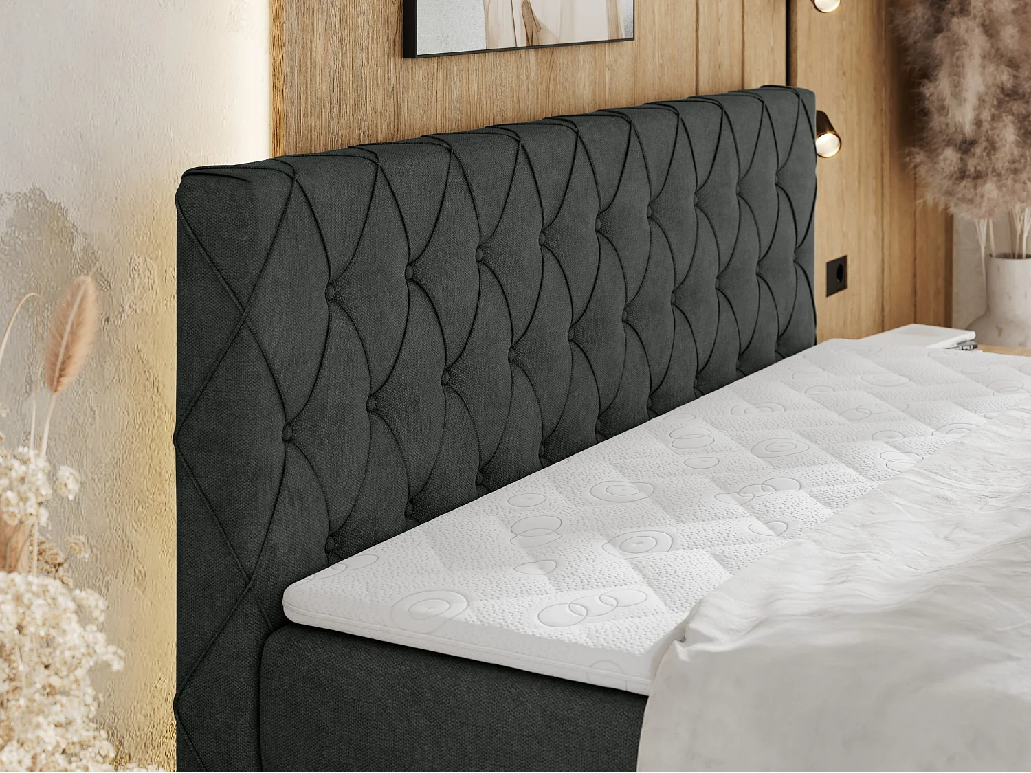 Boxspringbett MIREN KING DUO - für Schlafzimmer mit zwei Multipocket-Matratzen und Topper, gestepptes Kopfteil und Front  - 180x200 cm - H4 - Dunkelgrau Strukture