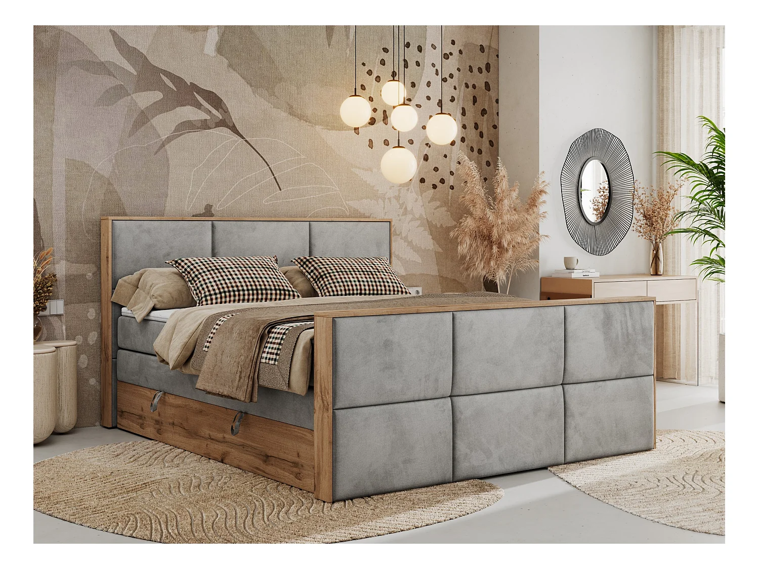 Boxspringbett ALBERO 2 KING DUO - Eiche Wotan Holzrahmen, zwei Multipocket-Matratzen, Bettkästen - 140x200 cm - H3 - Hellgrau Velvet