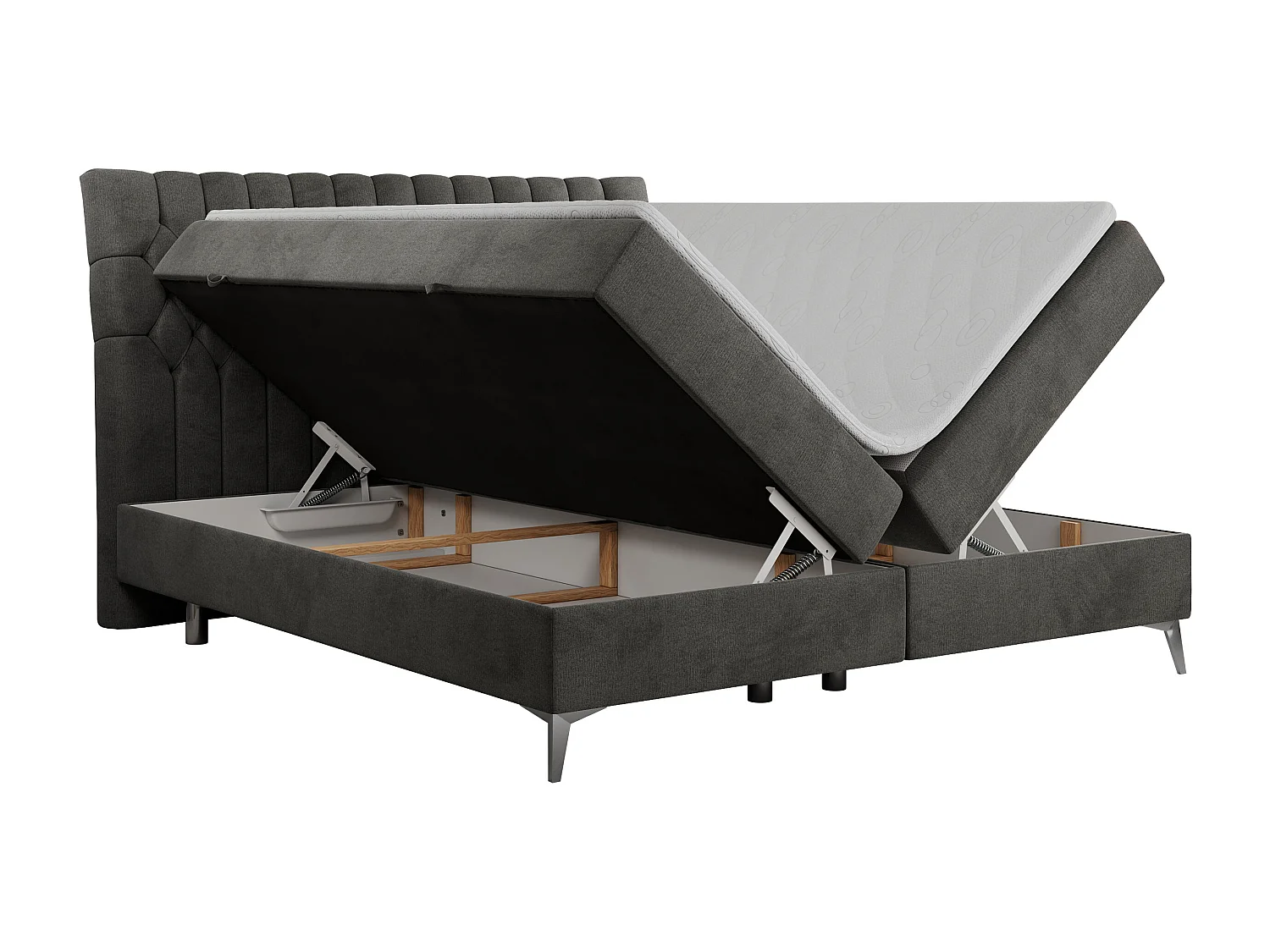 Boxspringbett MILEN - gepolstertes Schlafzimmerbett, zwei Multipocket-Matratze, dekorative hohe Beine - 160x200 cm - H4 - Dunkelgrau Velvet