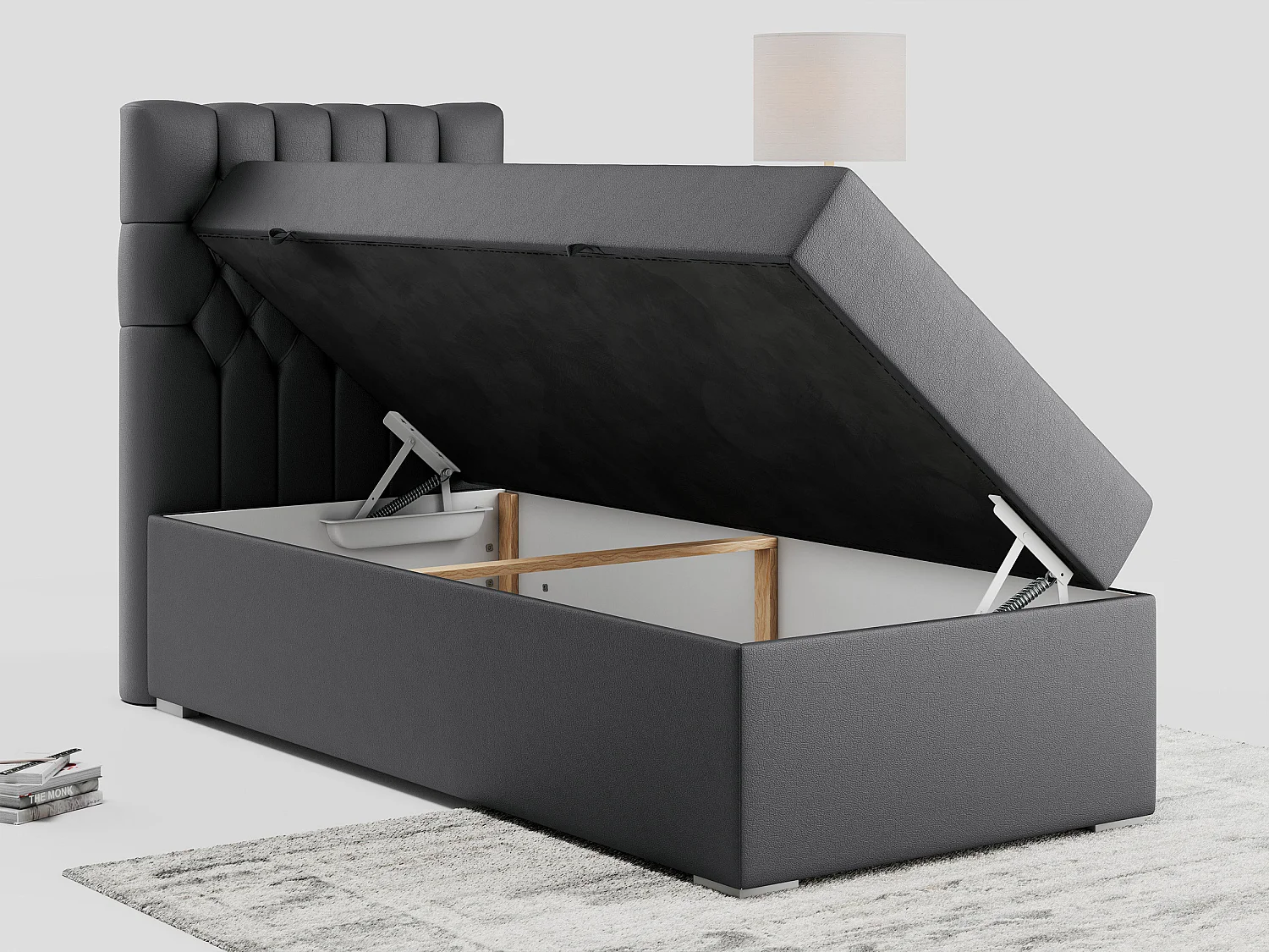 Boxspringbett PERA - Einzelbett mit Kopfstütze, Polsterbett, Multipocket-Matratze, genähtes Kopfteil - 90x200 cm - H4 - Dunkelgrau Kunstleder - Links Seite