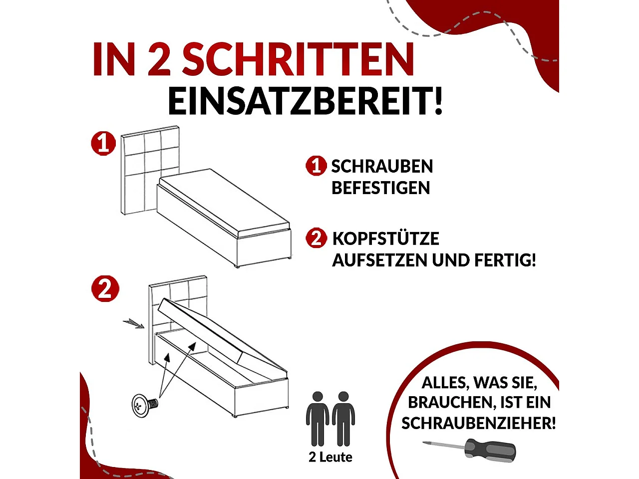 Boxspringbett PERA - Einzelbett mit Kopfstütze, Polsterbett, Multipocket-Matratze, genähtes Kopfteil - 90x200 cm - H4 - Dunkelgrau Kunstleder - Links Seite