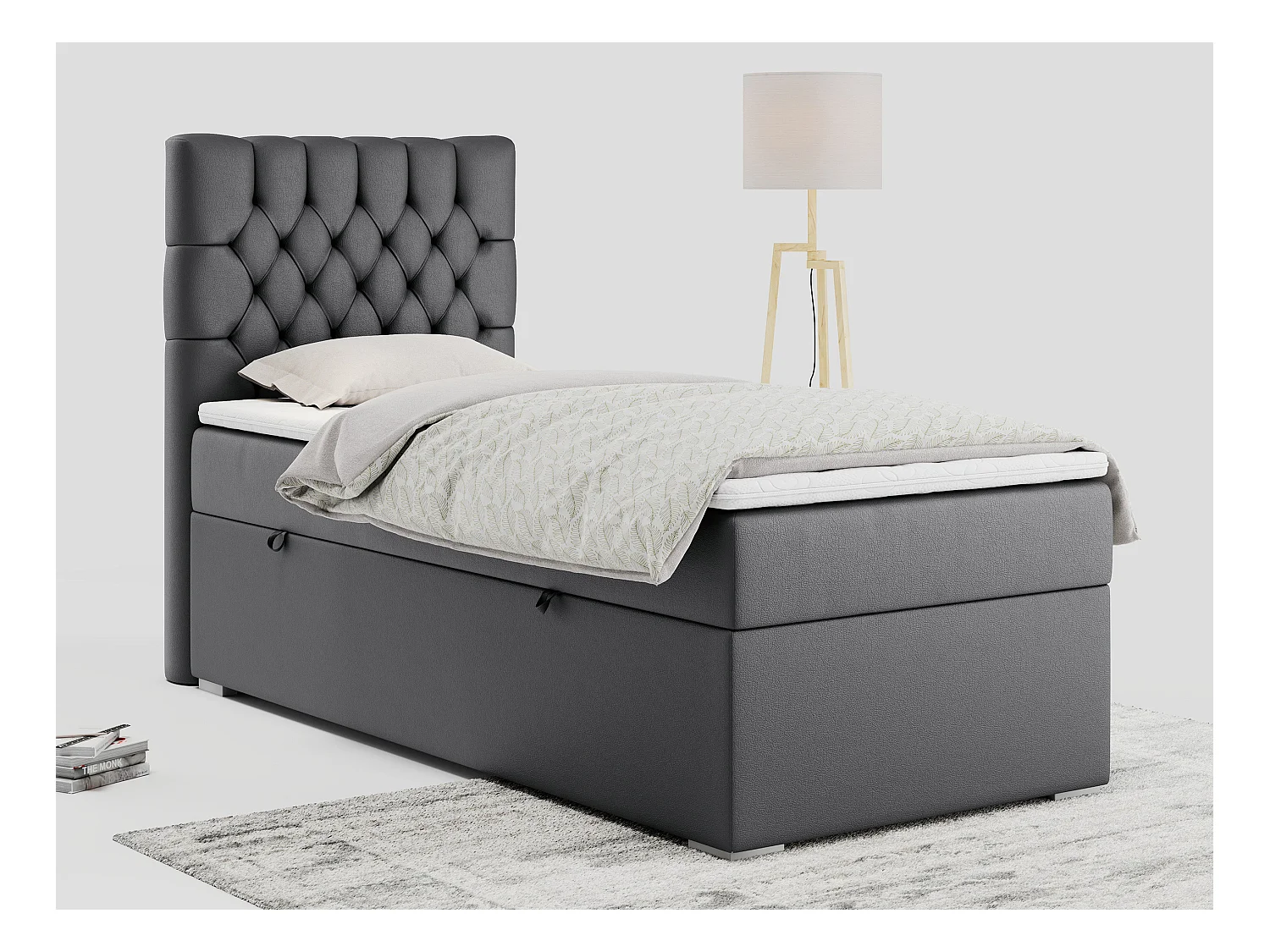 Boxspringbett PERA - Einzelbett mit Kopfstütze, Polsterbett, Multipocket-Matratze, genähtes Kopfteil - 90x200 cm - H4 - Dunkelgrau Kunstleder - Links Seite