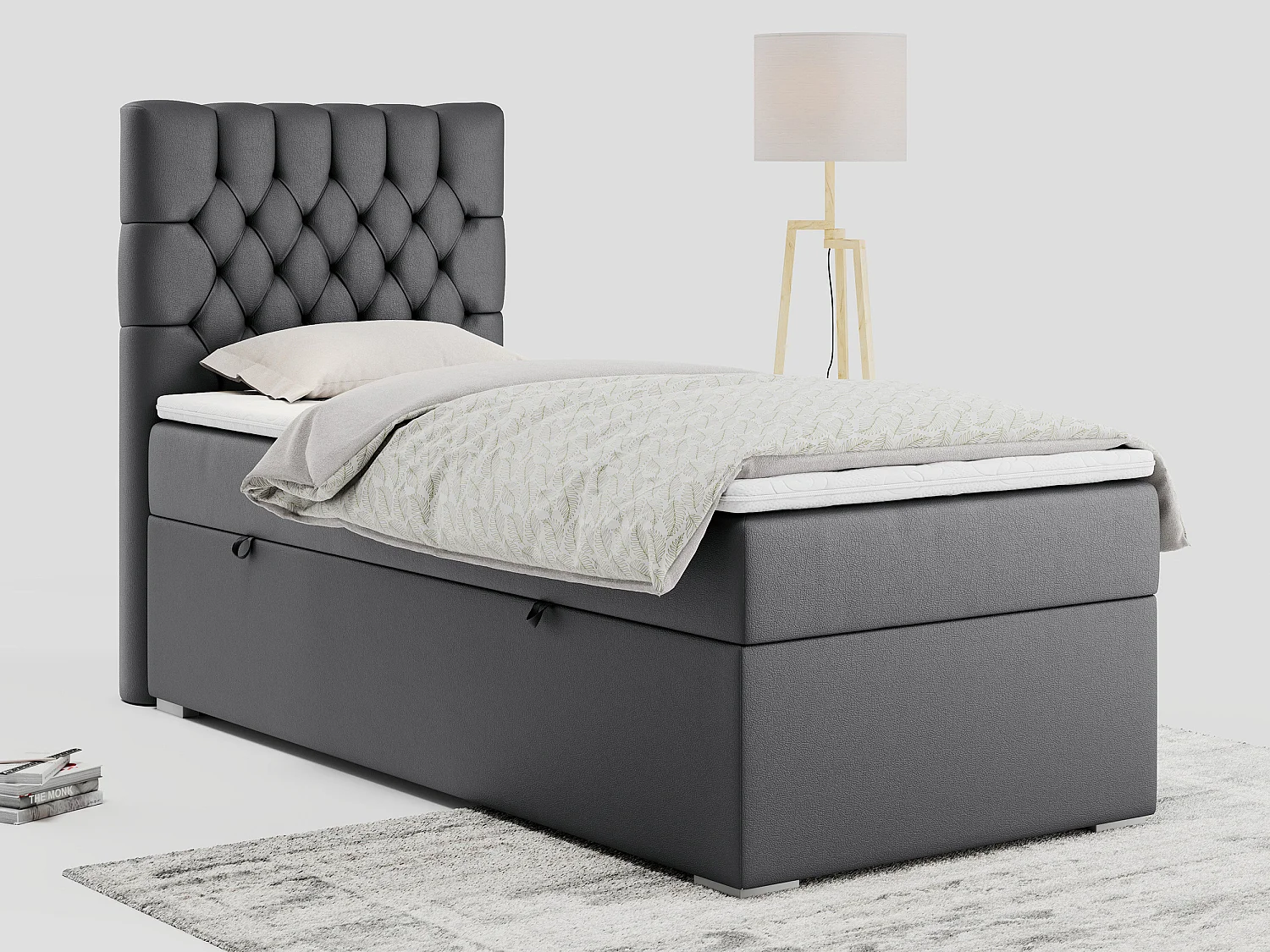 Boxspringbett PERA - Einzelbett mit Kopfstütze, Polsterbett, Multipocket-Matratze, genähtes Kopfteil - 90x200 cm - H4 - Dunkelgrau Kunstleder - Links Seite