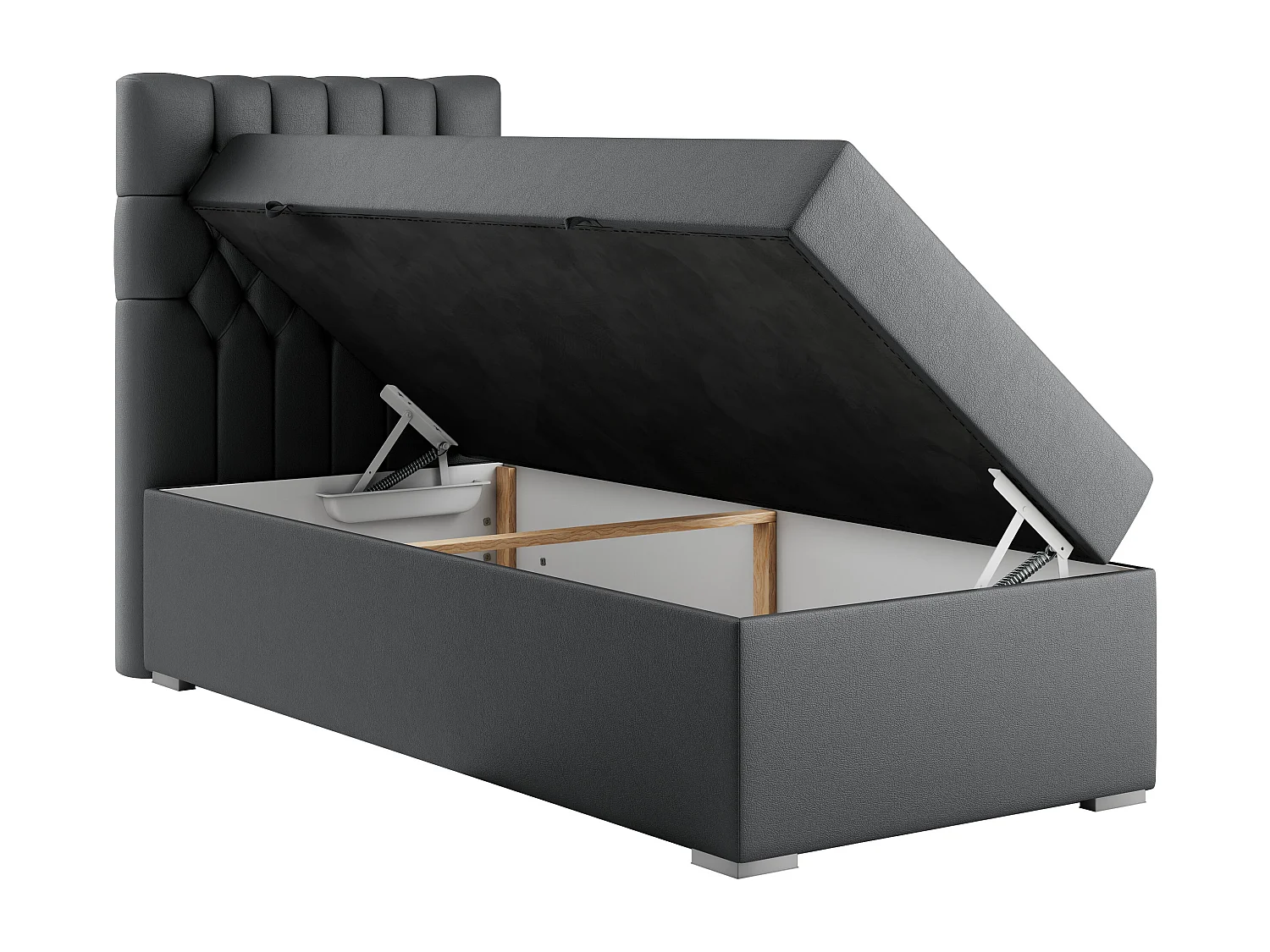 Boxspringbett PERA - Einzelbett mit Kopfstütze, Polsterbett, Multipocket-Matratze, genähtes Kopfteil - 90x200 cm - H4 - Dunkelgrau Kunstleder - Links Seite