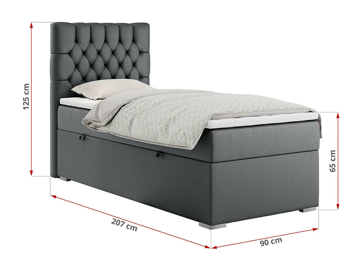 Boxspringbett PERA - Einzelbett mit Kopfstütze, Polsterbett, Multipocket-Matratze, genähtes Kopfteil - 90x200 cm - H4 - Dunkelgrau Kunstleder - Links Seite
