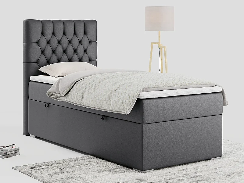 Boxspringbett PERA - Einzelbett mit Kopfstütze, Polsterbett, Multipocket-Matratze, genähtes Kopfteil - 90x200 cm - H4 - Dunkelgrau Kunstleder - Links Seite