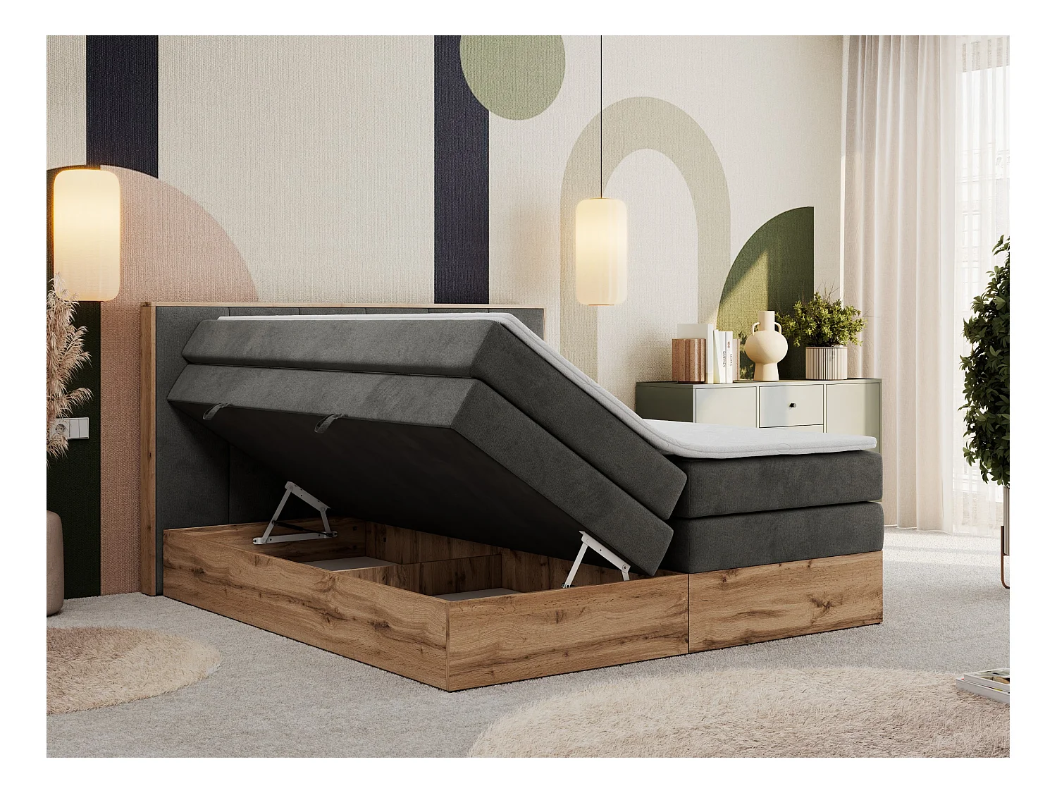 Boxspringbett ALBERO 1 KING - zwei 7 Härtezonen Multipocket-Matratzen, Doppelbett mit Stauraum, Eiche Wotan Holzrahmen - 120x200 cm - H3 - Dunkelgrau Velvet