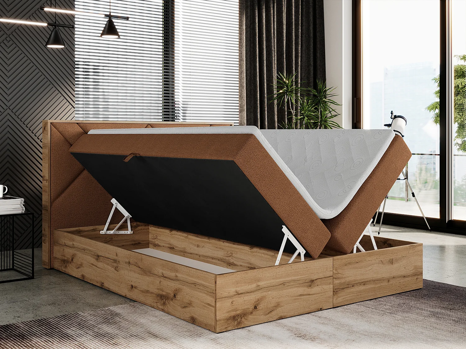 Boxspringbett GUNAR - gepolster kopfteil, Doppelbett mit Multipocket-Matratze, zwei Bettkästen - 140x200 cm - H3 - Orange Strukture