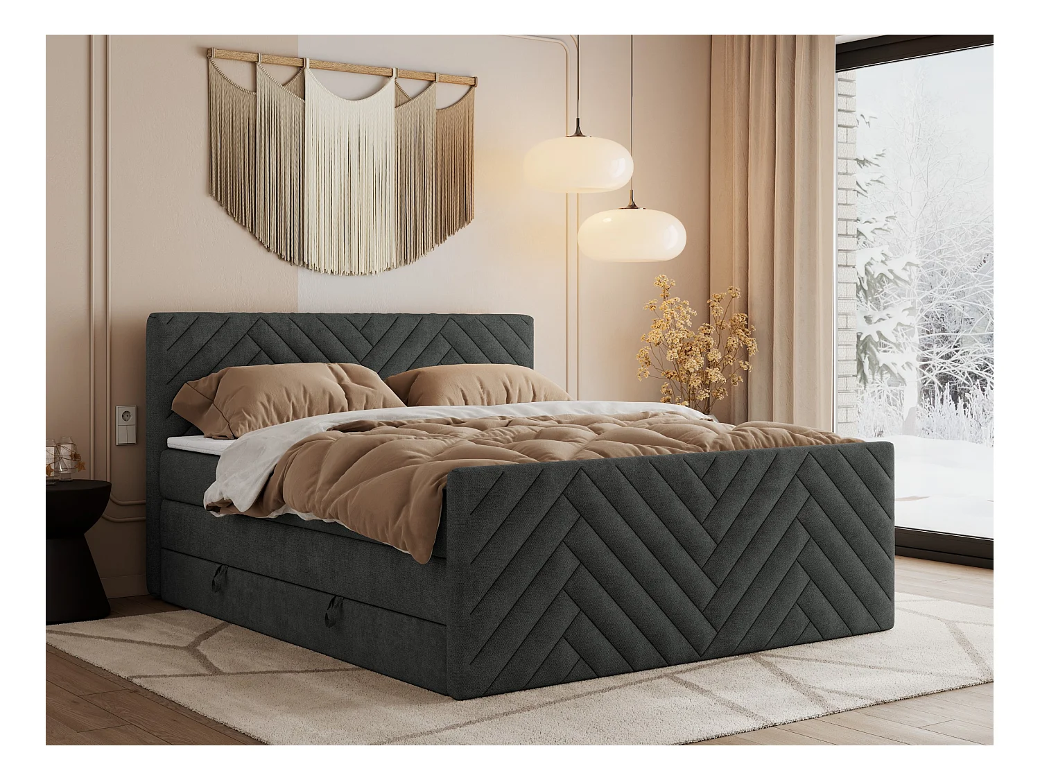 Boxspringbett PARIS KING DUO - dekorative Kopfstütze und Front, zwei Multipocket-Matratze mit Topper - 120x200 cm - H4 - Dunkelgrau Strukture