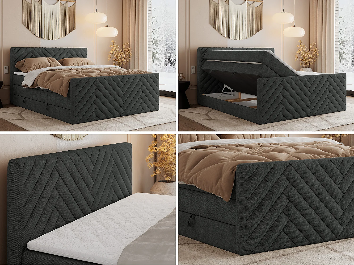 Boxspringbett PARIS KING DUO - dekorative Kopfstütze und Front, zwei Multipocket-Matratze mit Topper - 120x200 cm - H4 - Dunkelgrau Strukture