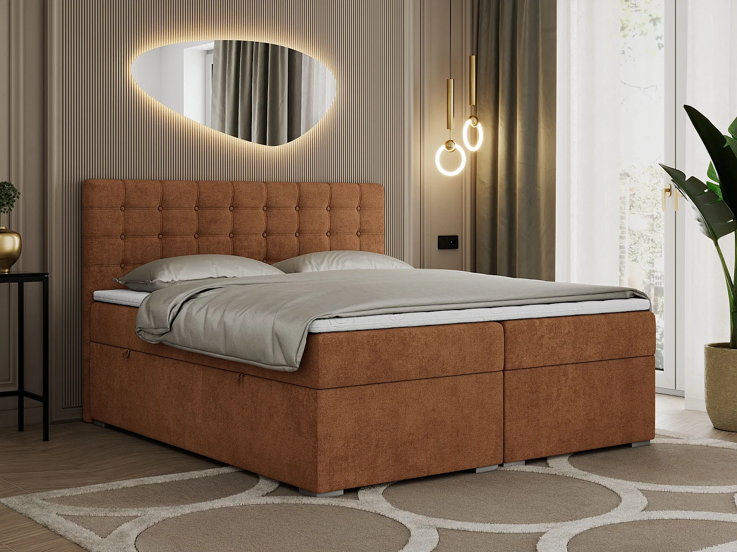 Boxspringbett SUSAN - mit gestepptem Kopfteil, zwei Bettkästen und Topper, gepolstertes Schlafzimmerbett - 200x200 cm - H3 - Orange Stukture