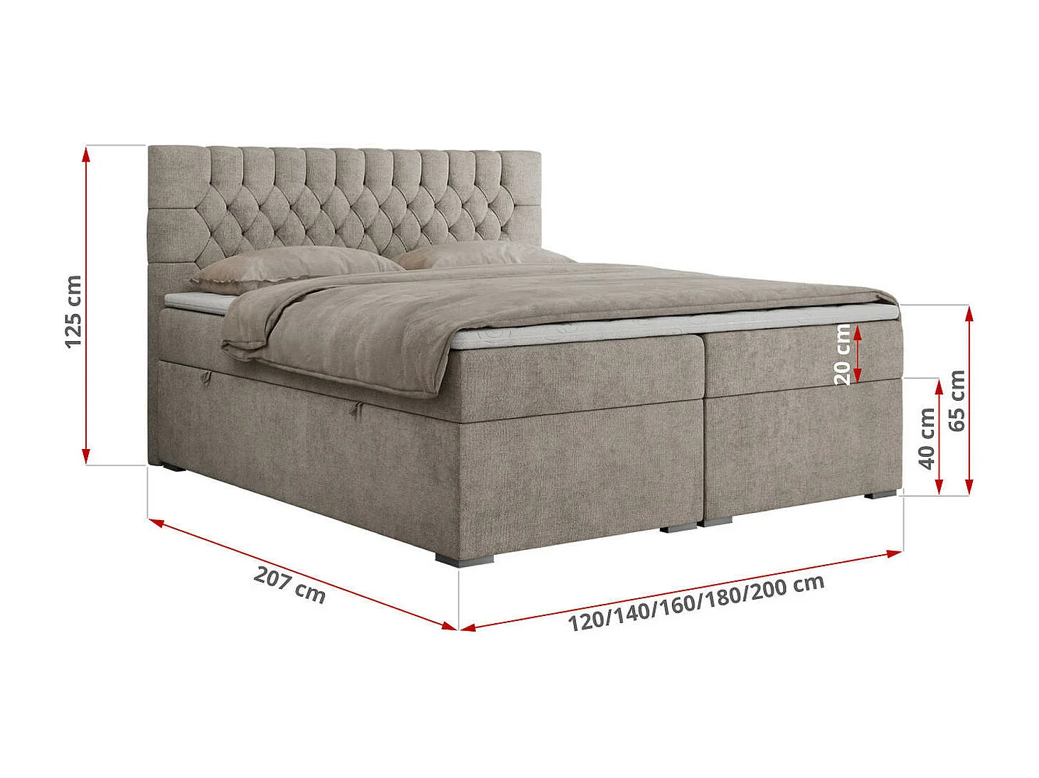 Boxspringbett PERA - gesteppte Kopfstütze, Multipocket-Matratze und Topper, Doppelbett mit Stauraum - 120x200 cm - H4 - Beige Strukture