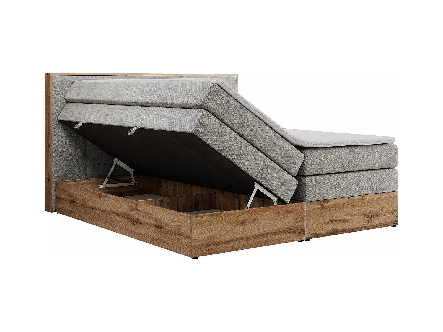 Boxspringbett ALBERO 1 KING - zwei 7 Härtezonen Multipocket-Matratzen, Doppelbett mit Stauraum, Eiche Wotan Holzrahmen - 200x200 cm - H3 - Hellgrau Strukture