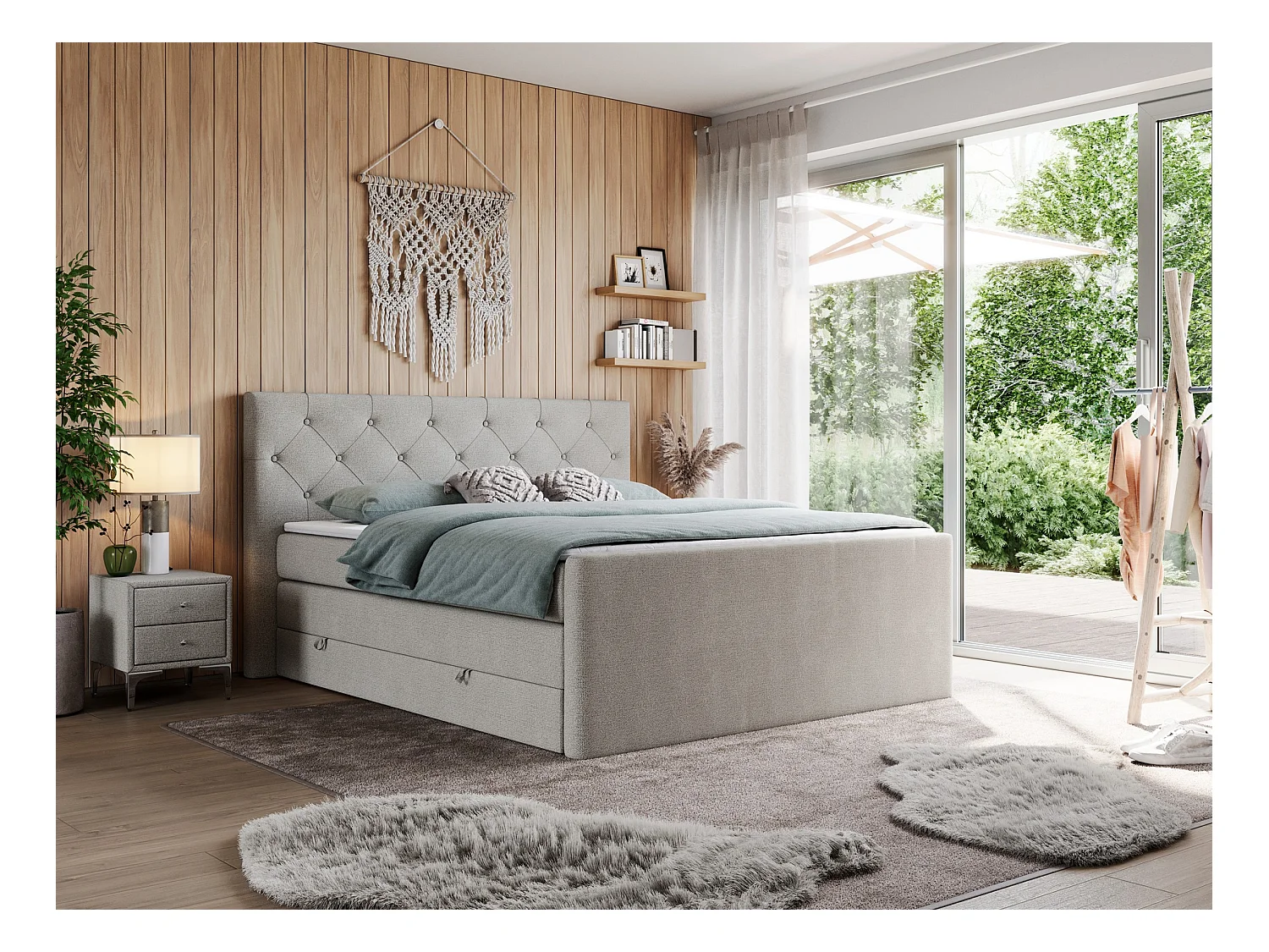 Boxspringbett VELEN KING - Doppelbett mit gestepptem Kopfteil, zwei Multipocket-Matratzen, Polsterbett mit Kopfstütze - 120x200 cm - H4 - Beige Strukture