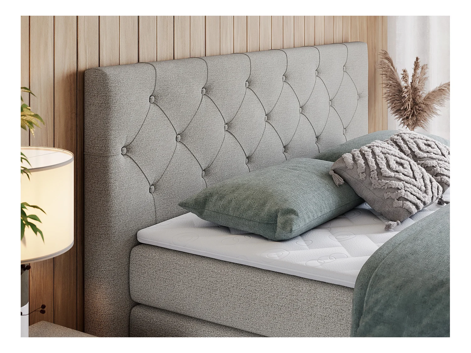 Boxspringbett VELEN KING - Doppelbett mit gestepptem Kopfteil, zwei Multipocket-Matratzen, Polsterbett mit Kopfstütze - 120x200 cm - H4 - Beige Strukture