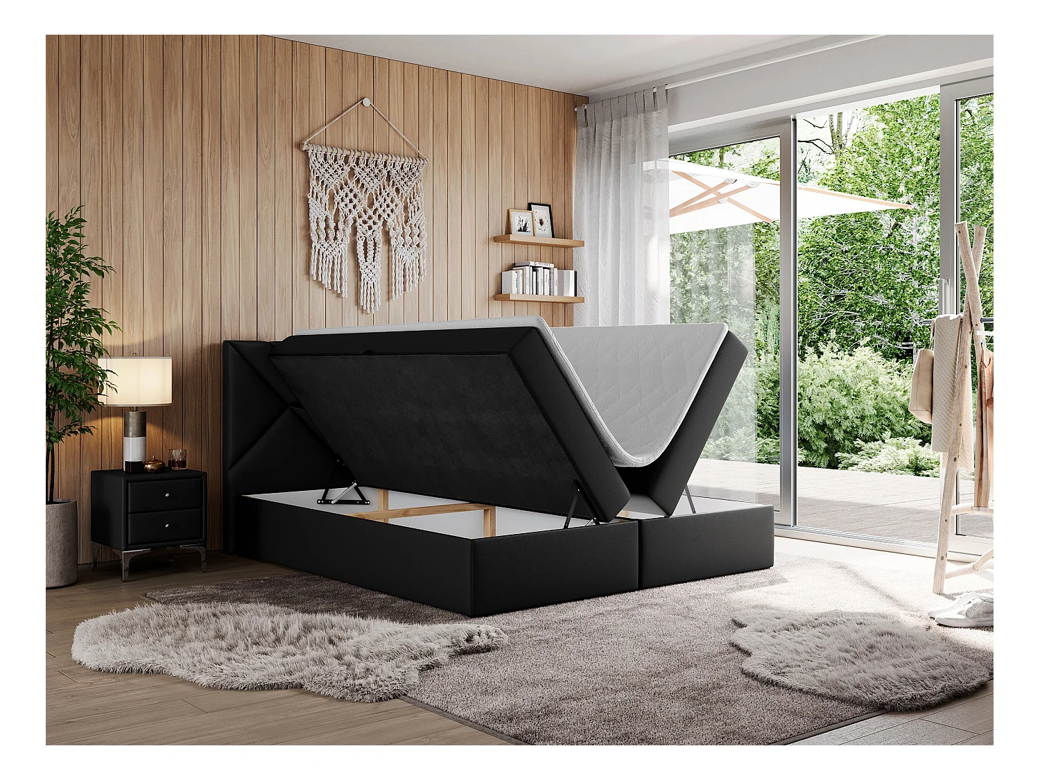 Boxspringbett NEOMI - dekorativem Kopfteil, Polsterbett mit Multipocket-Matratzen, zwei Bettkästen - 180x200 cm - H4 - Hellgrau Strukture