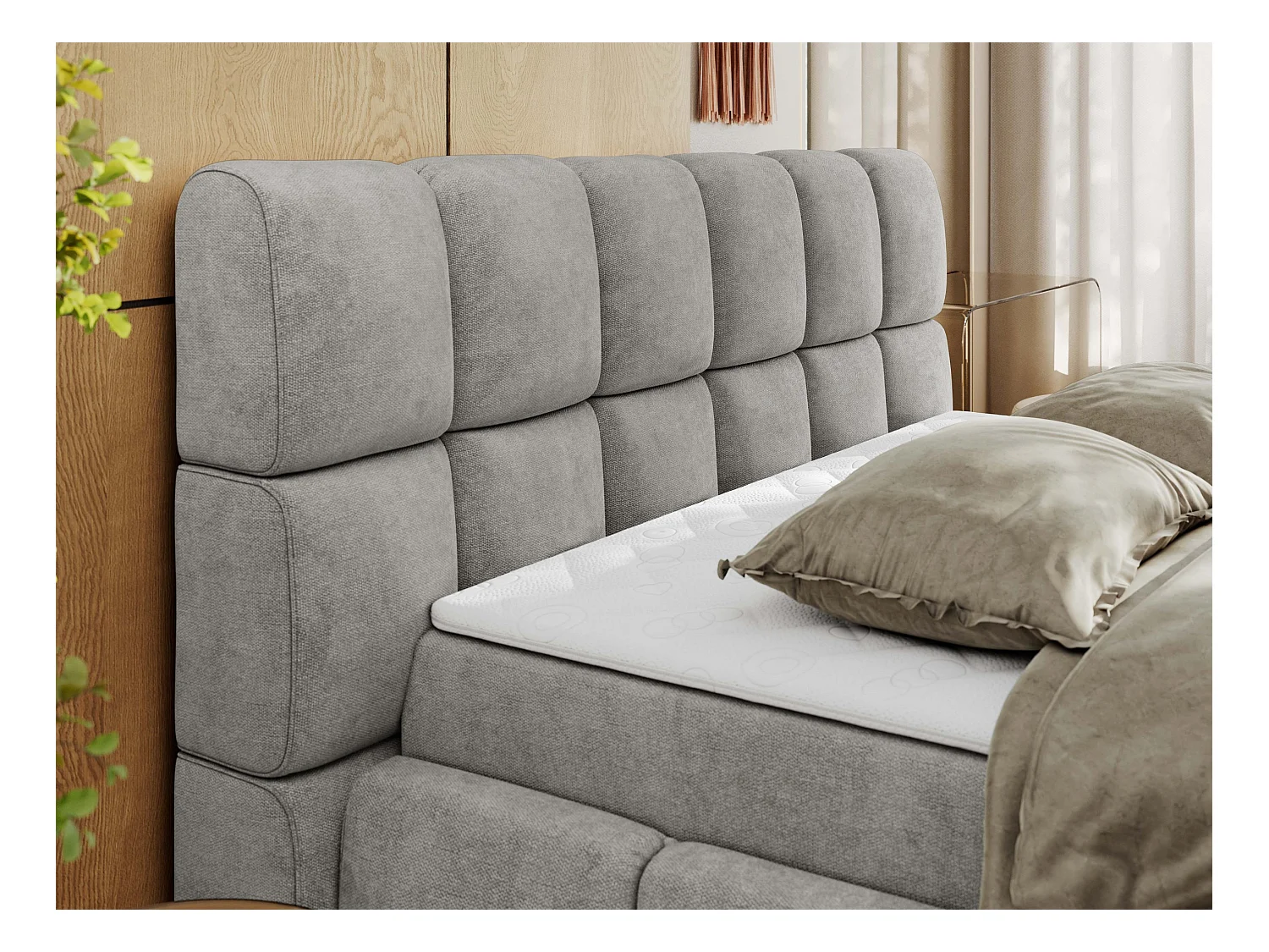 Boxspringbett NIRA - dekorativ kopfteil, Bettkästen und Multipocket-Matratze, Doppelbett für Schlafzimmer - 160x200 cm - H3 - Hellgrau Strukture