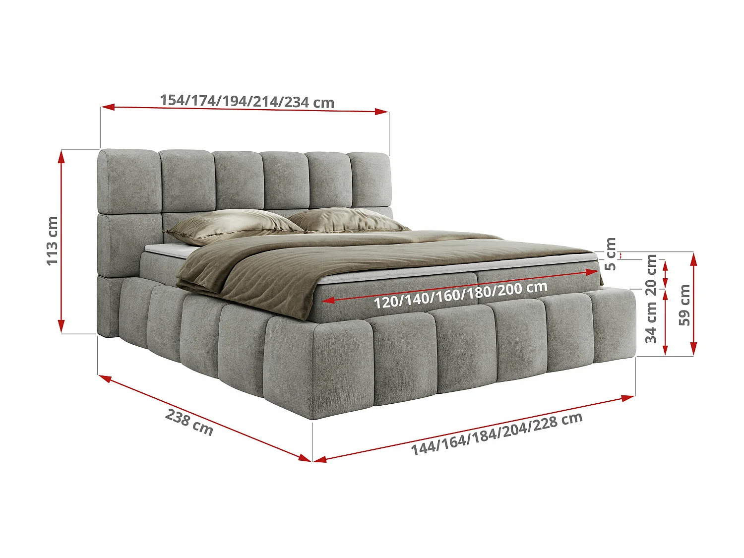Boxspringbett NIRA - dekorativ kopfteil, Bettkästen und Multipocket-Matratze, Doppelbett für Schlafzimmer - 160x200 cm - H3 - Hellgrau Strukture