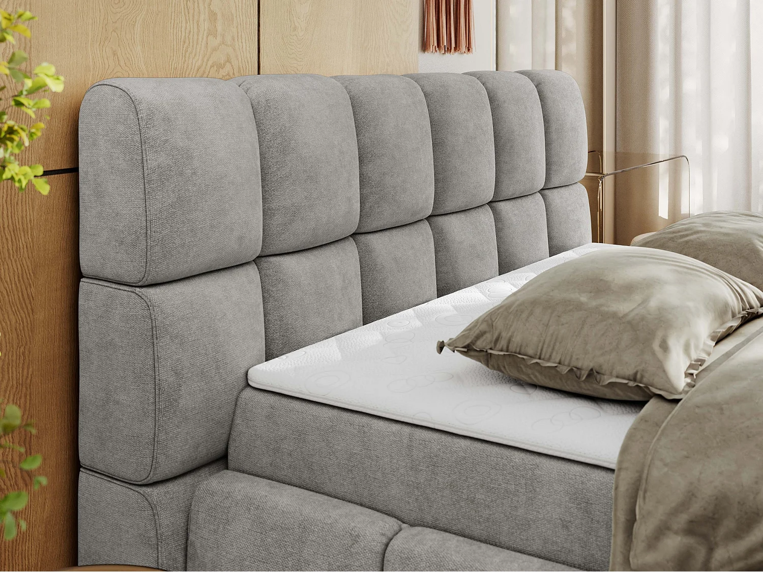 Boxspringbett NIRA - dekorativ kopfteil, Bettkästen und Multipocket-Matratze, Doppelbett für Schlafzimmer - 160x200 cm - H3 - Hellgrau Strukture