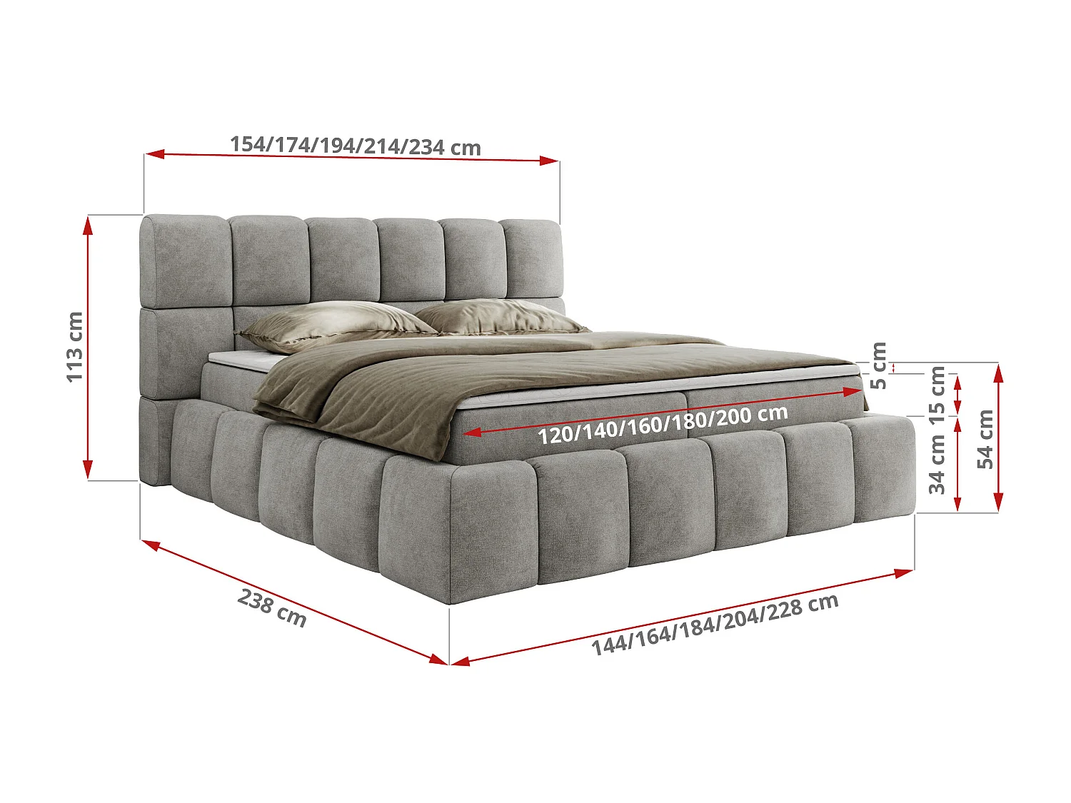 Boxspringbett NIRA - dekorativ kopfteil, Bettkästen und Multipocket-Matratze, Doppelbett für Schlafzimmer - 160x200 cm - H3 - Hellgrau Strukture