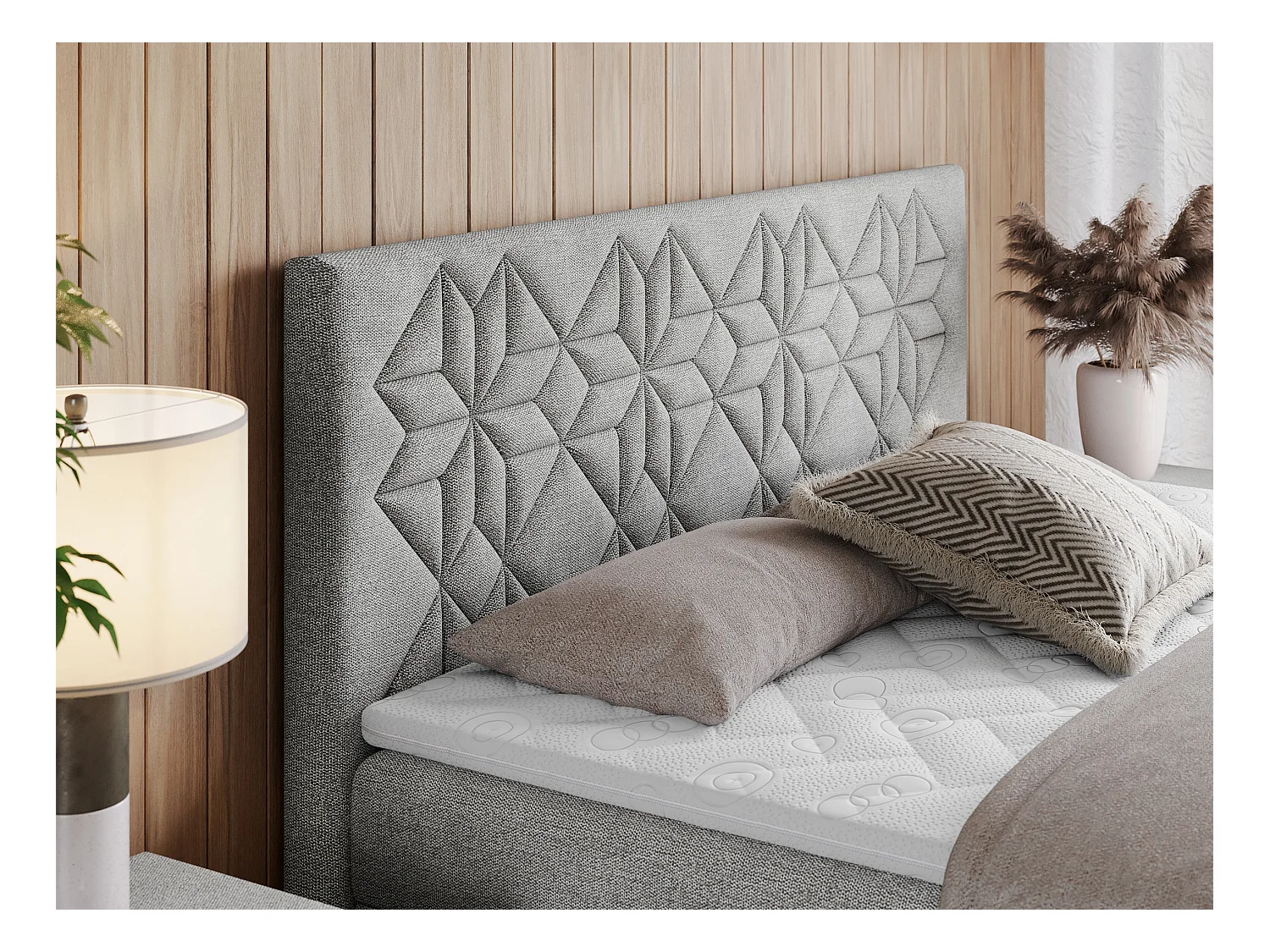 Boxspringbett LEILA - gestepptes Kopfteil,  7 Härtezonen Multipocket-Matratzen, Doppelbett mit Bettkästen - 120x200 cm - H3 - Hellgrau Strukture