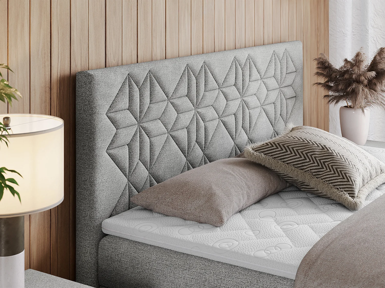 Boxspringbett LEILA - gestepptes Kopfteil,  7 Härtezonen Multipocket-Matratzen, Doppelbett mit Bettkästen - 120x200 cm - H3 - Hellgrau Strukture